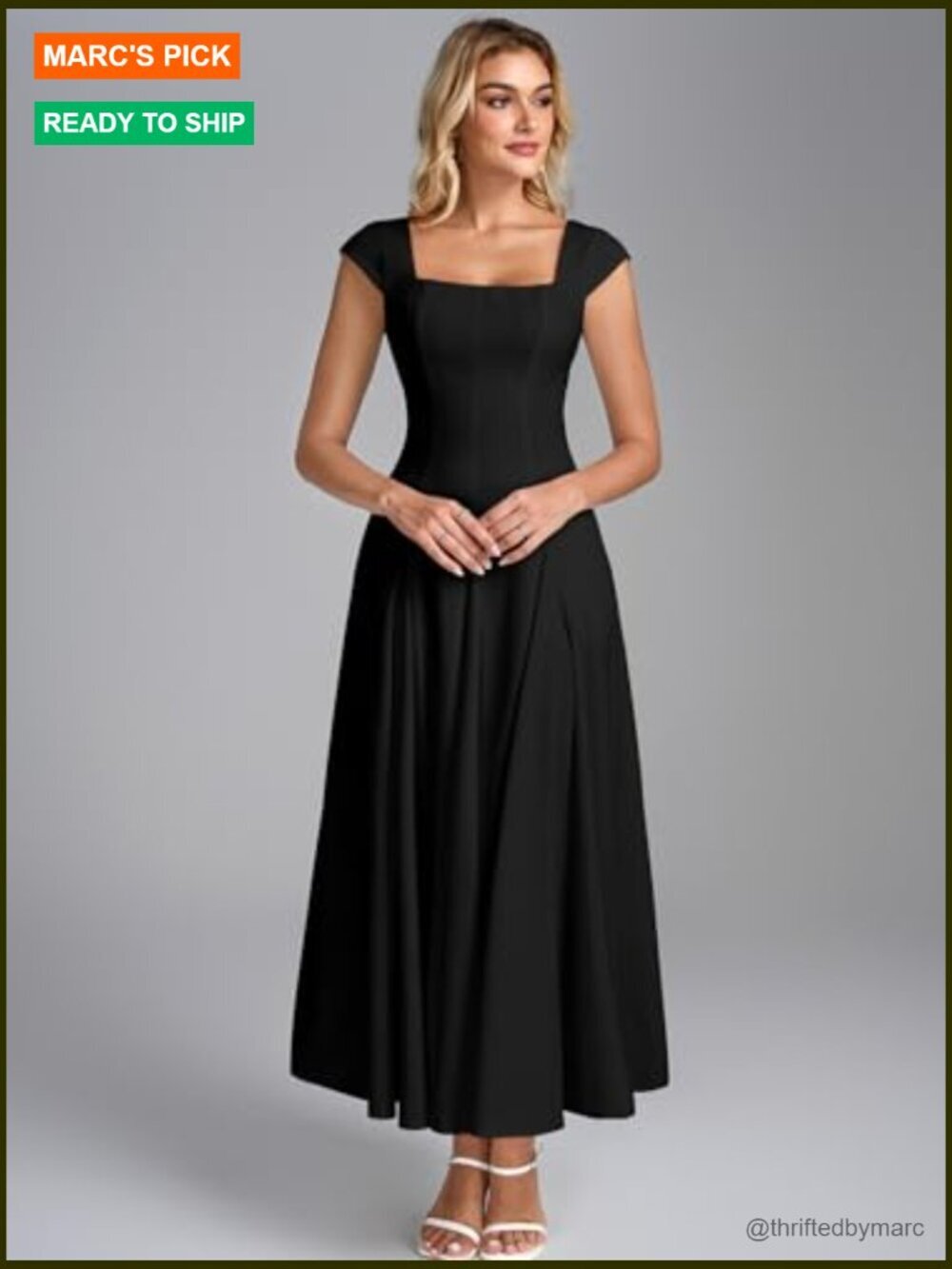 Corset Midi Dress Square Neck A-Line Flowy Wedding Guest Dress with Pockets - Picture 3 of 6